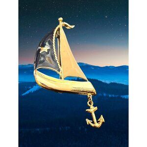 Ladies Blue Beige and Gold Sailboat Brooch Pin with Dangling Anchor
